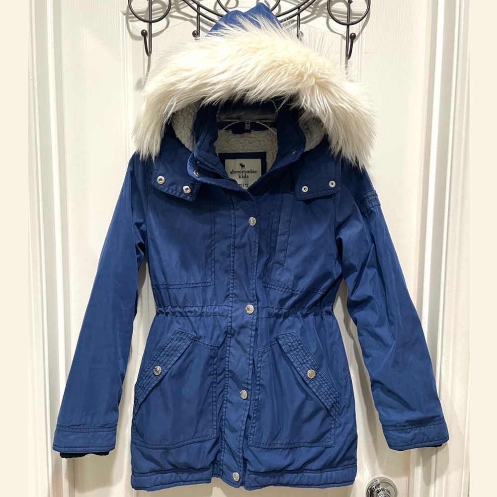abercrombie kids Navy Blue Puffer Jacket with Faux Fur Hood